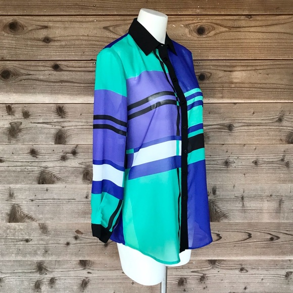 SOLO Moda Sheer Color Block Long Sleeve Button Down Blouse Size 6 - Picture 3 of 13